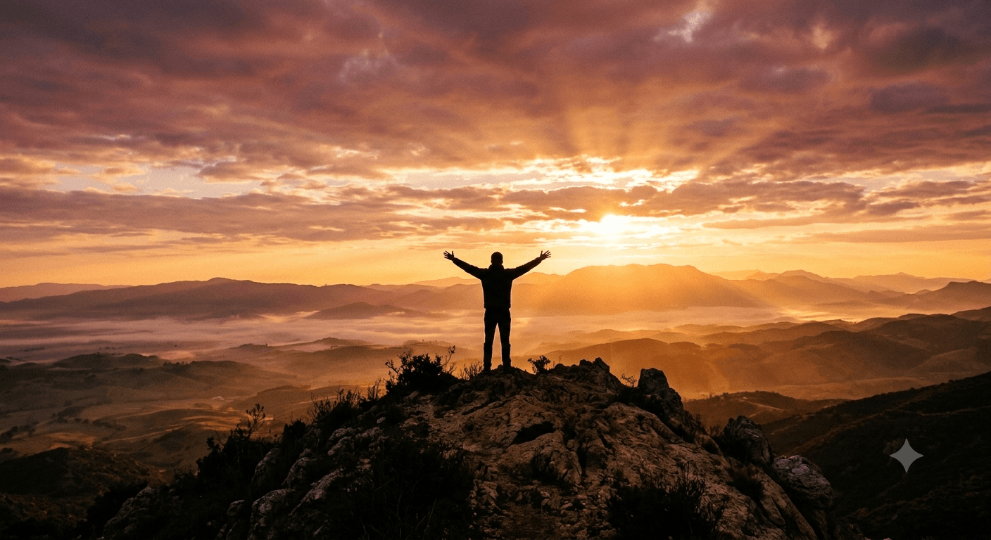 Person worshipping at sunset